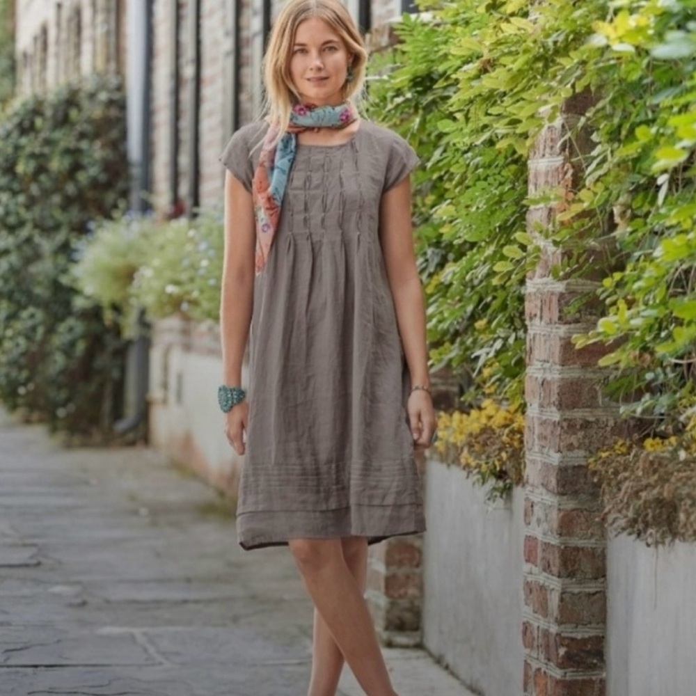 Sundance Linen Pleated PinTuck Viv Day Relaxed Shift Pebble Gray Dress SMALL